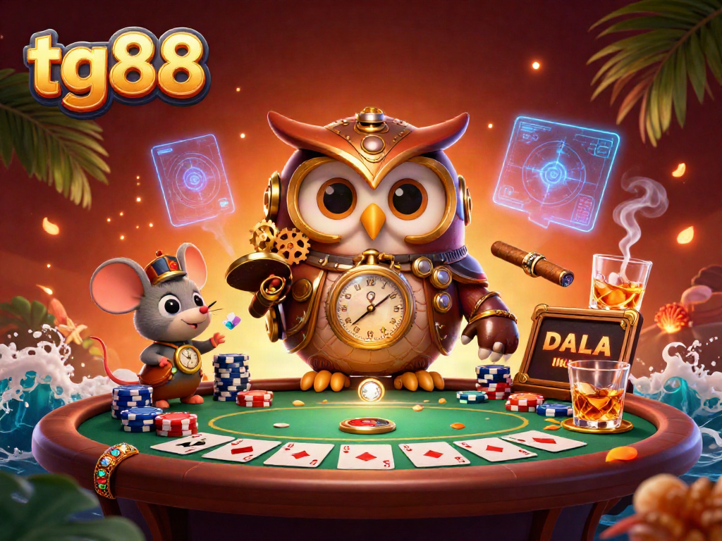 Experience thrilling poker gameplay with tg88 featuring an enchanted owl in a vibrant Victorian casino scene.
