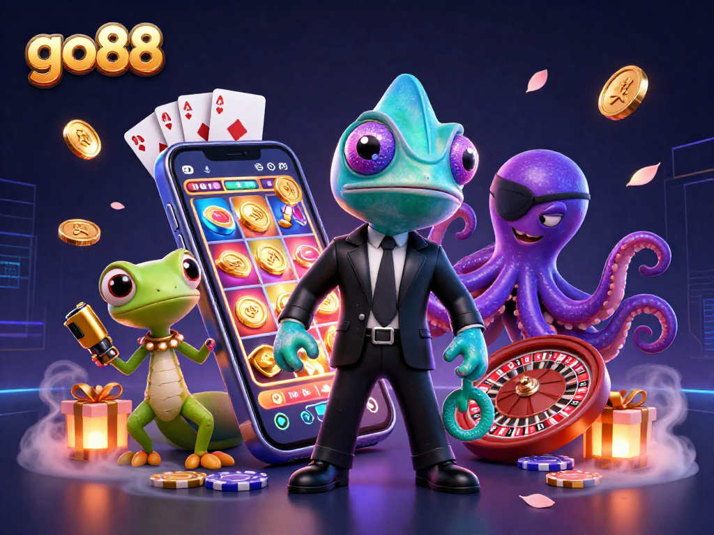 Win big with go88 in this vibrant 3D casino illustration featuring a colorful slot game adventure.