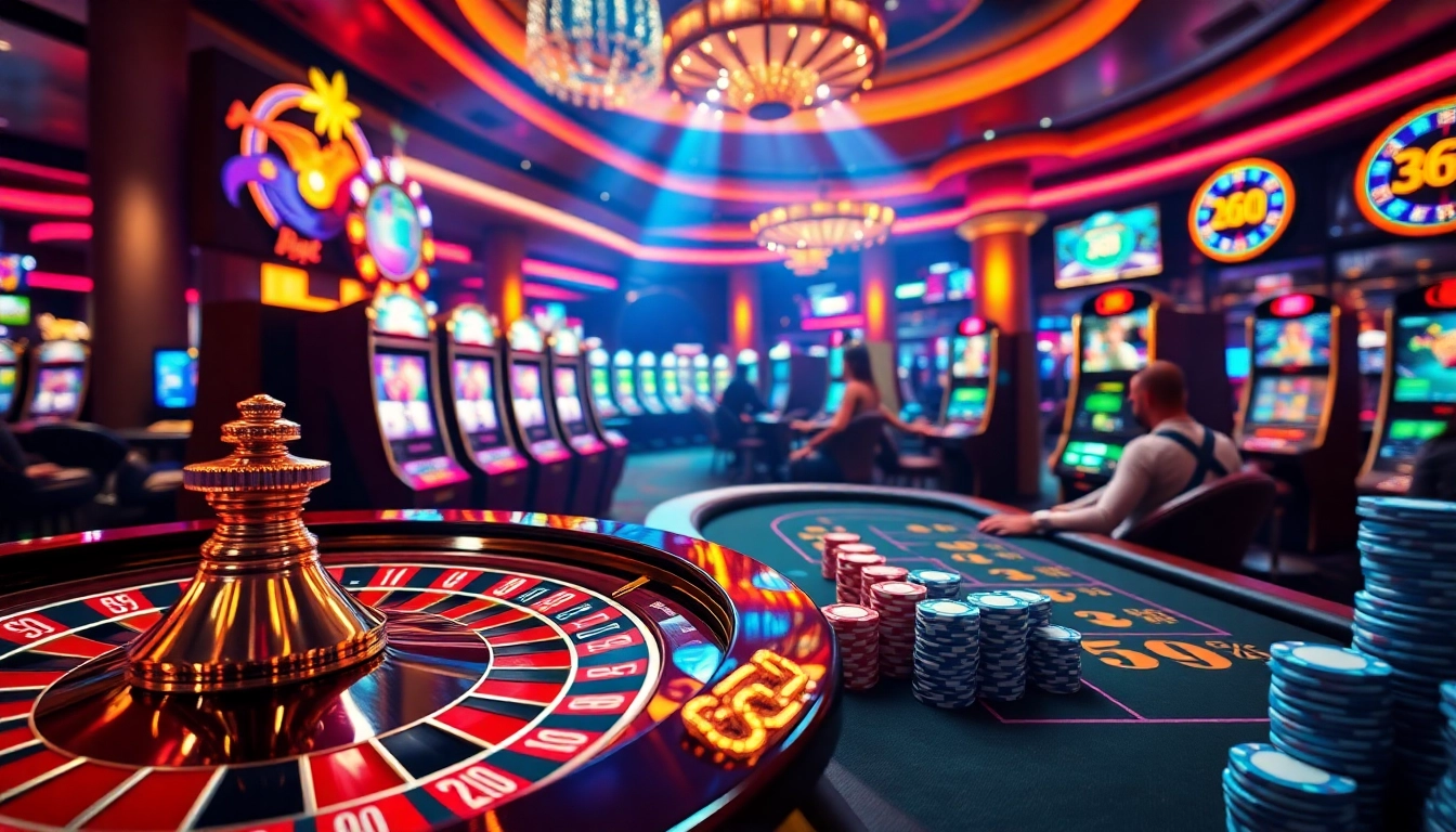 Exciting casino scene with roulette wheel and slot machines at 65A, featuring vibrant colors.