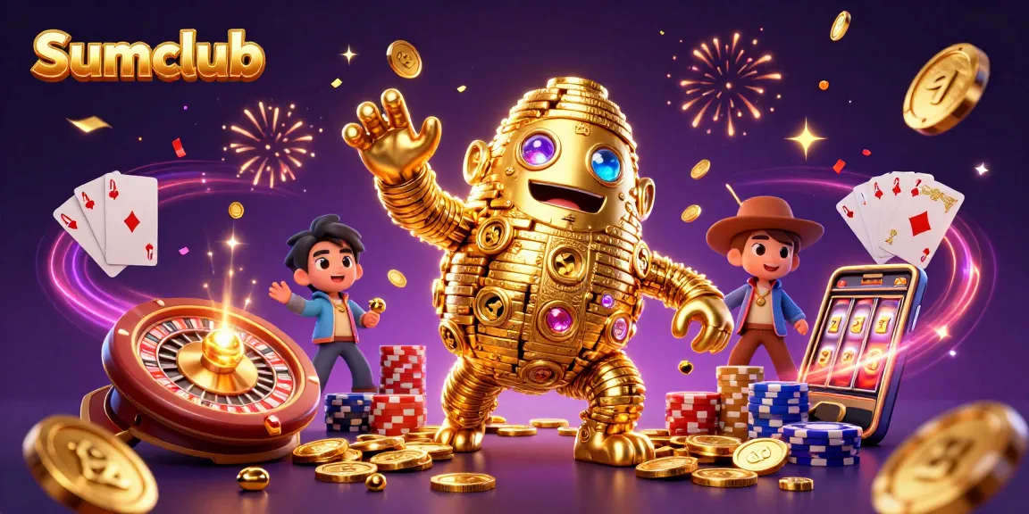Engage with Sumclub's golden golem in a vibrant 3D casino scene filled with jackpots and winning opportunities.
