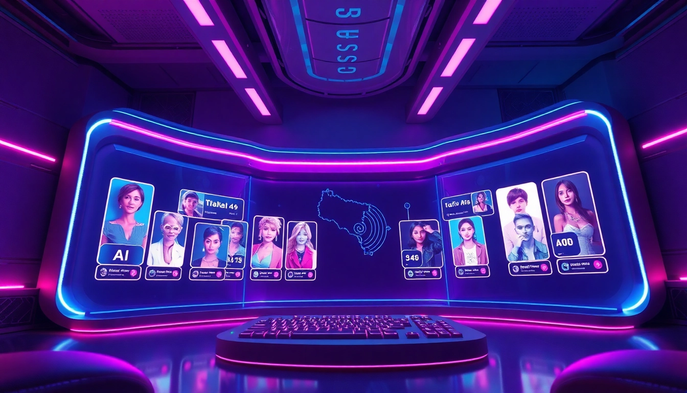 Engaging NSFW AI chat room interface showcasing vibrant digital avatars and character cards.