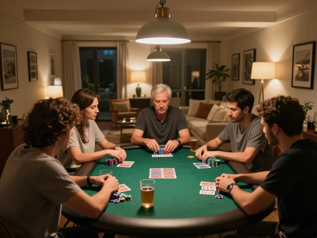 Engaging friends playing poker during a home game night while discussing apk sungaitoto strategies.