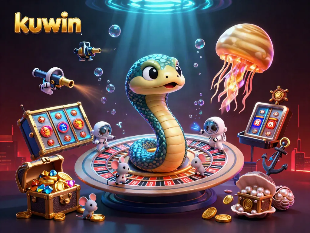 Kuwin platform showcases a vibrant cosmic casino scene with astronaut mice betting and a golden jellyfish dealer.
