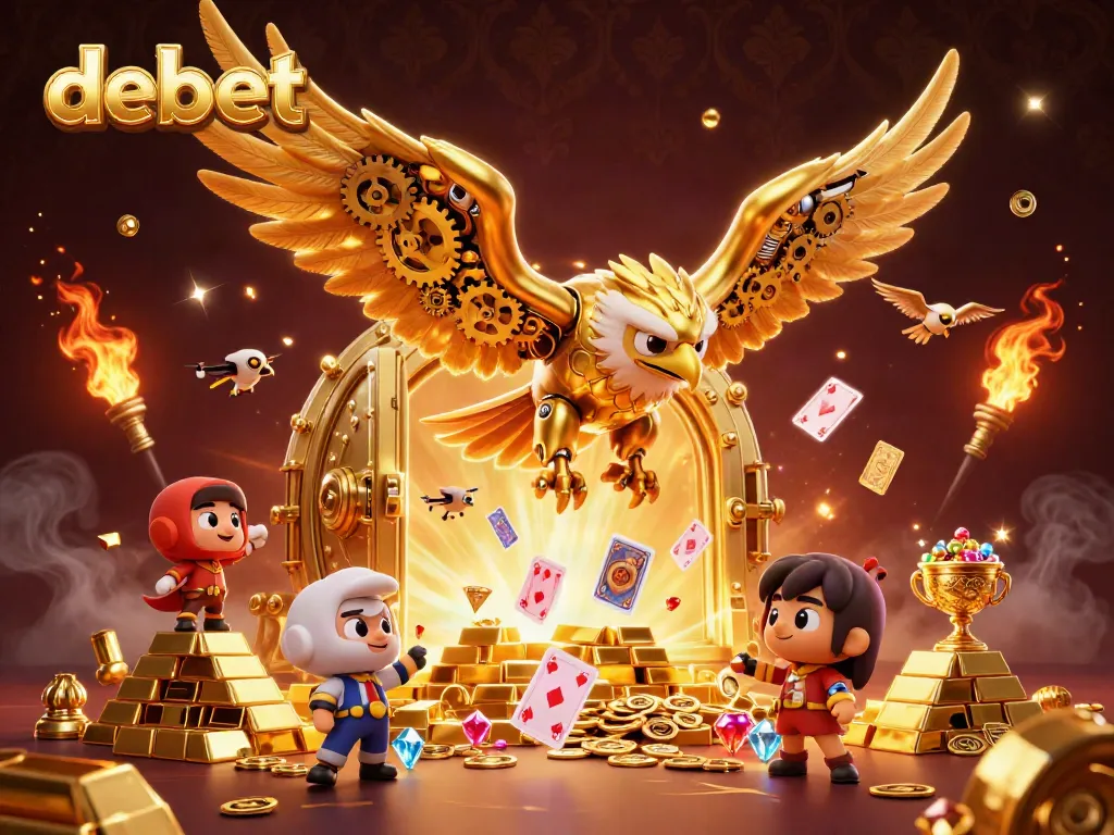 Experience debet through a vibrant 3D scene with a golden eagle and treasure elements.