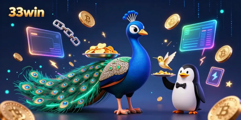 Engage with the dynamic world of 33win featuring vibrant casino elements and colorful characters.
