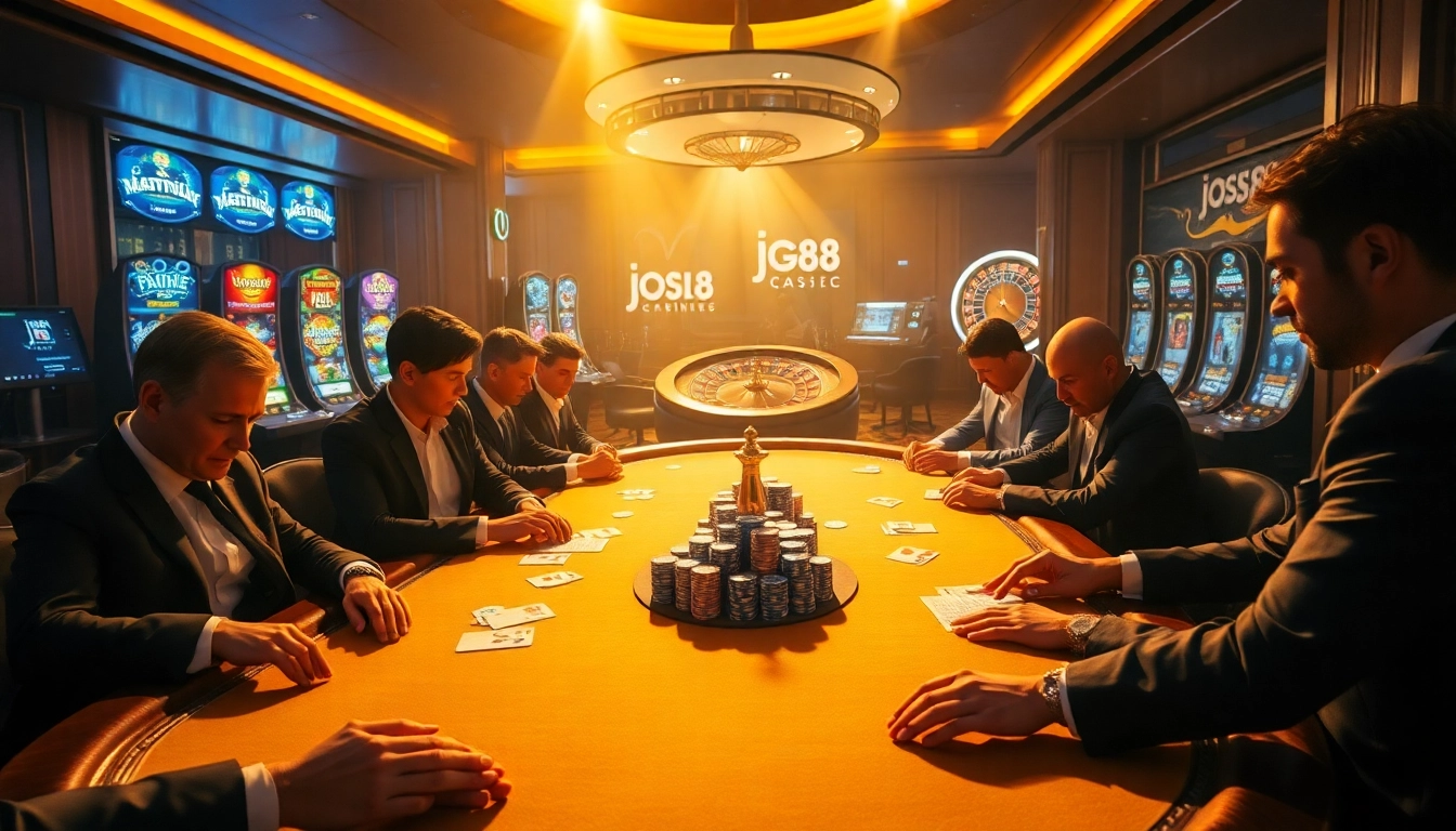 Experience thrilling gaming at https://jtg88.com/ with an exciting poker scene in a luxurious casino setting.