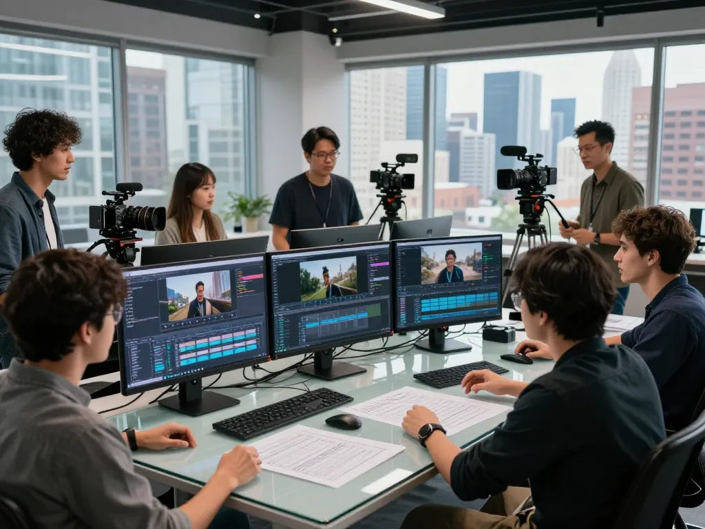 Creative team using Seedance AI for video production in a modern studio.