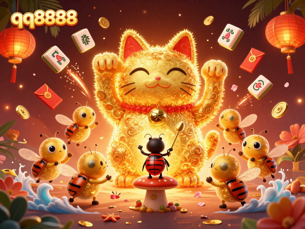 Engage in thrilling gameplay at qq8888 while enjoying vibrant casino elements and a lucky cat illustration.