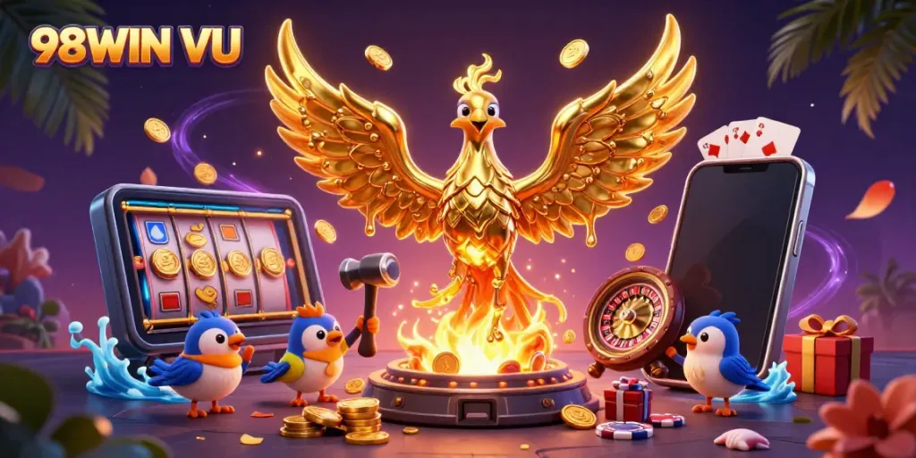 Experience vibrant gambling action with 98WIN VU featuring golden phoenix and dynamic gaming elements.