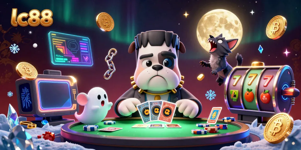 Experience the thrills of lc88 with a lively gaming scene featuring a vibrant 3D monster dealer, crypto coins, and slot elements.