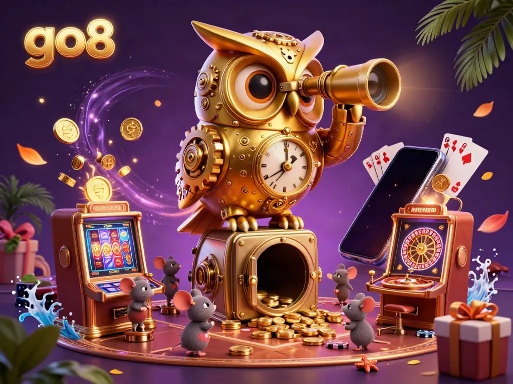 Experience the excitement of the go8 casino with a vibrant depiction of a golden owl and bustling patrons amidst spinning slots and sparkling winnings.