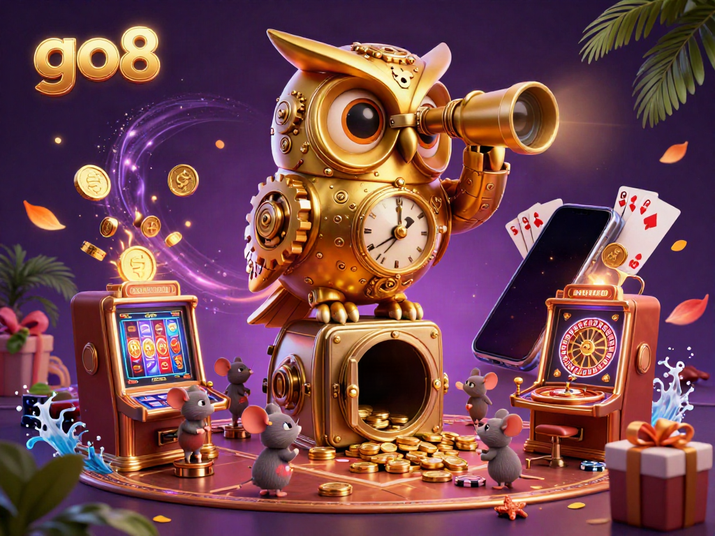 Experience the excitement of the go8 casino with a vibrant depiction of a golden owl and bustling patrons amidst spinning slots and sparkling winnings.