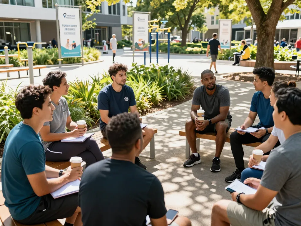 Men participating in a community gathering with manclub values in a sunny urban park.