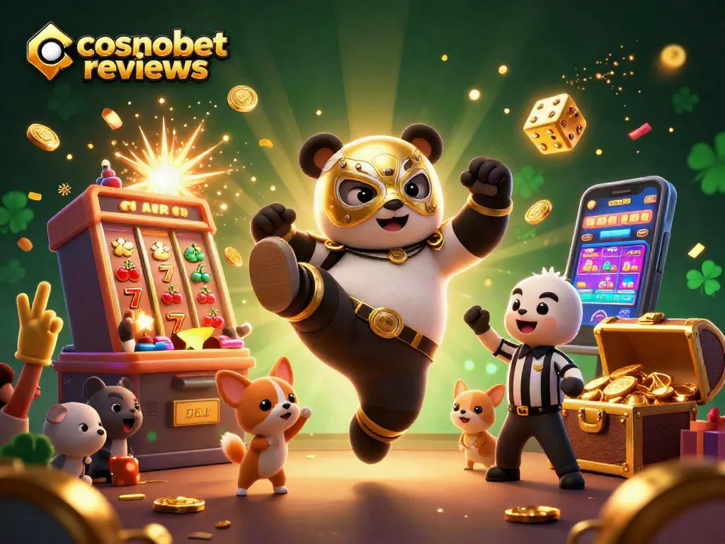 Experience thrilling cosmobet reviews with this vibrant casino-themed 3D scene featuring animal characters.