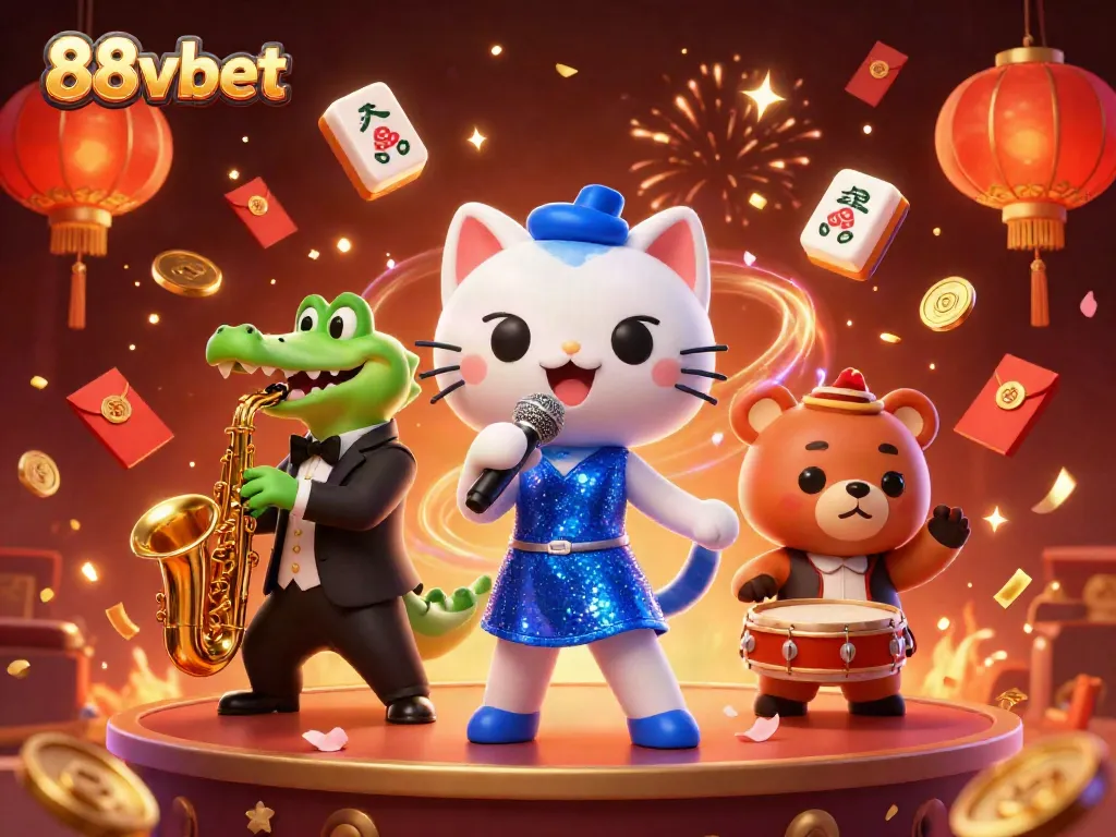 Engage with lively 88vbet casino scene showcasing a jazz-singer cat, saxophone crocodile, and bear cub during vibrant festivities.