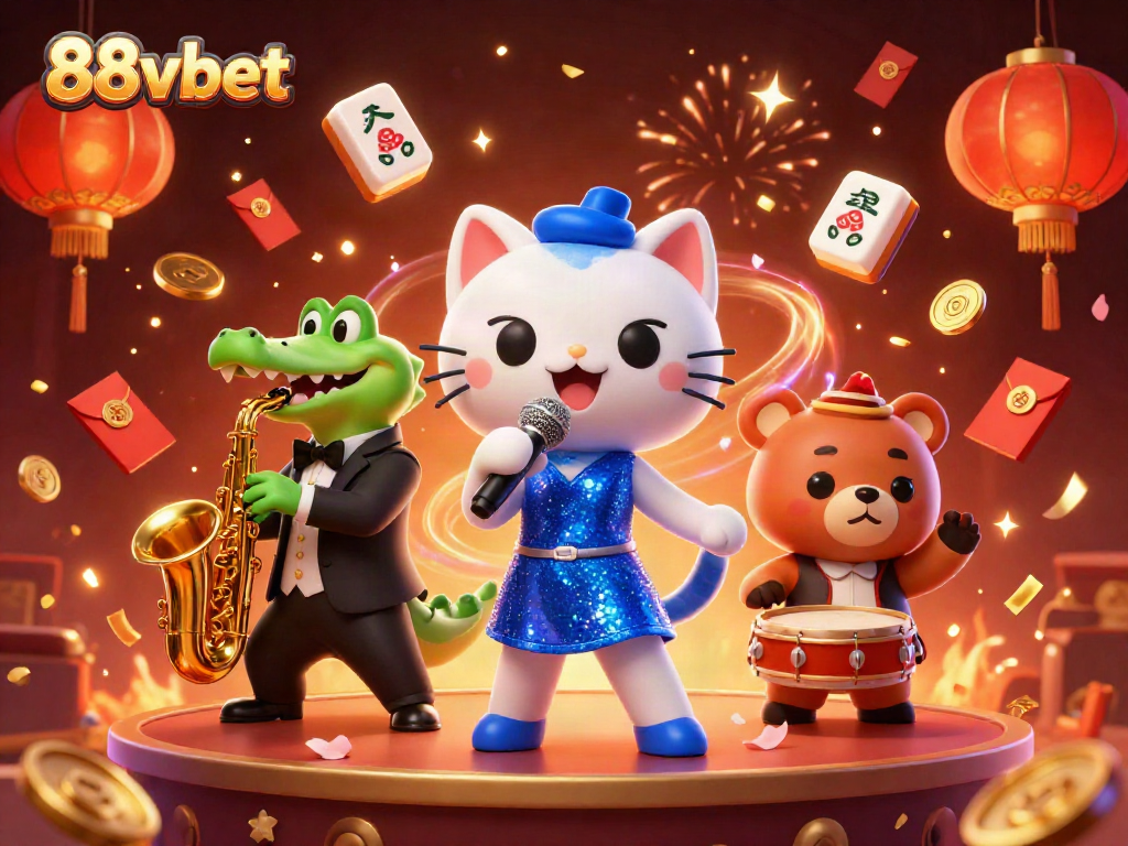 Engage with lively 88vbet casino scene showcasing a jazz-singer cat, saxophone crocodile, and bear cub during vibrant festivities.