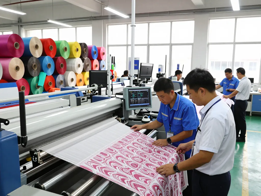 Sunwin engineers inspecting high-quality textiles in a bright manufacturing facility.