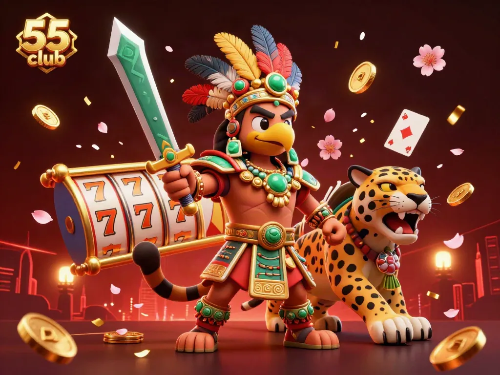 Experience thrilling gameplay on 55 club with vibrant 3D illustrations of animated characters and casino elements.