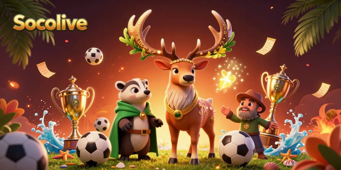 Socolive enhances your betting game with a dynamic scene of live sports, trophies, and charming characters.