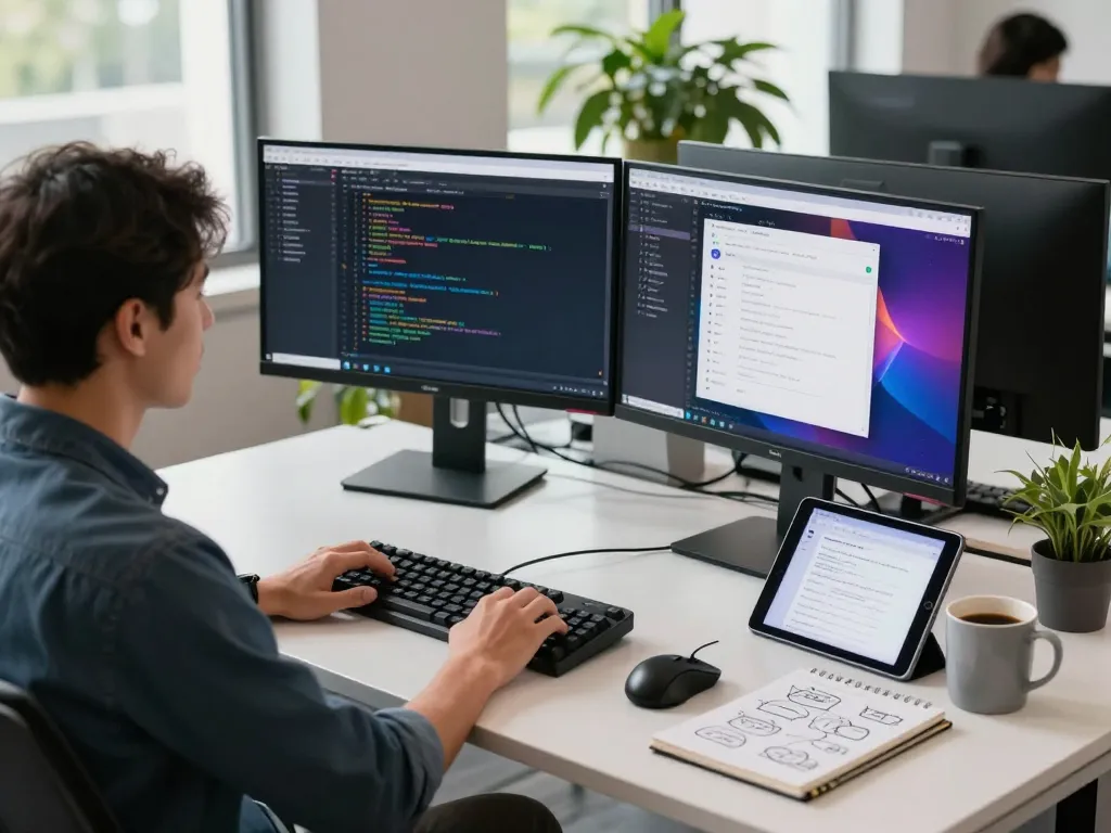 openclawd software development scene with a developer coding at dual monitors in a modern office