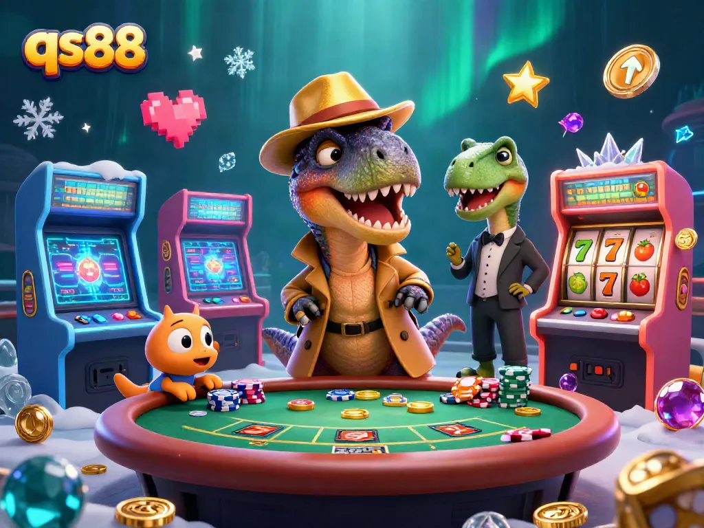 qs88 casino scene featuring a velociraptor card counter at a blackjack table surrounded by vibrant game elements