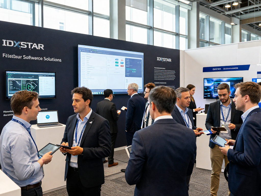 Attendees networking at a business conference featuring IDXSTAR technology.