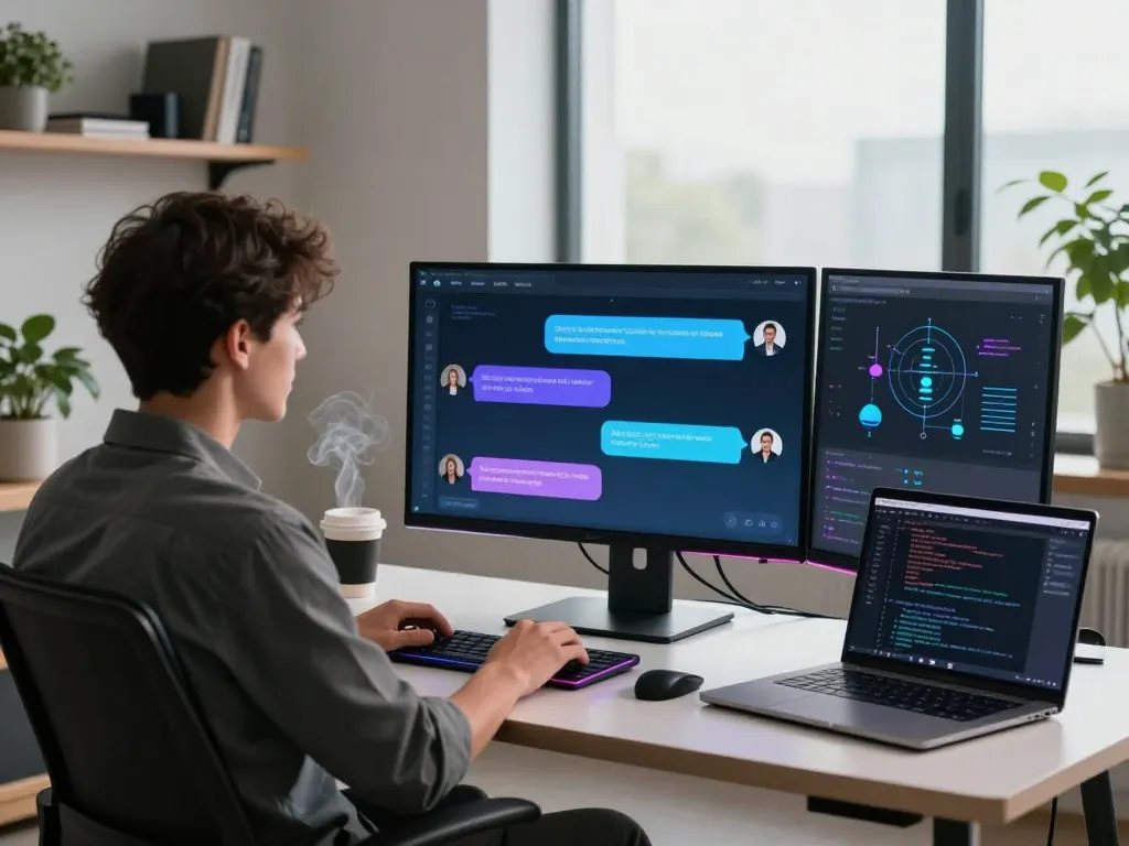User engaging with an AI porn chat interface in a modern digital workspace featuring dynamic chat bubbles and a sleek design.