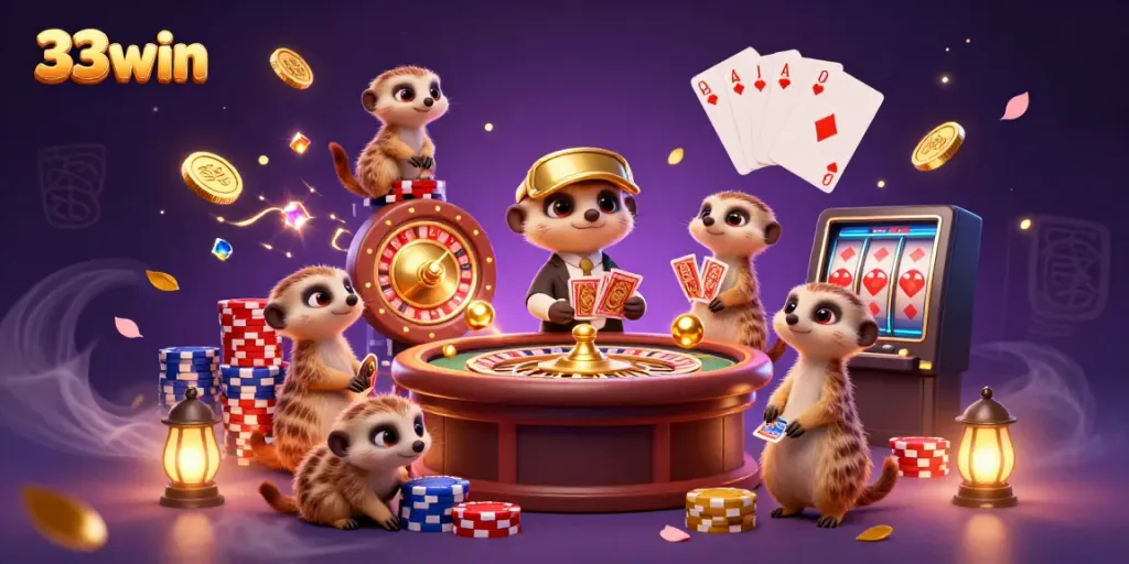 Experience the vibrant casino atmosphere with 33win's meerkats managing games and exhilarating action.