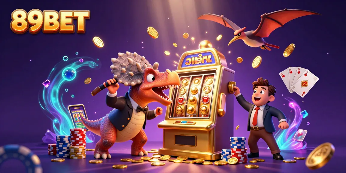 Watch the pachycephalosaurus making a jackpot win at 89BET casino amidst flying coins and vibrant games.
