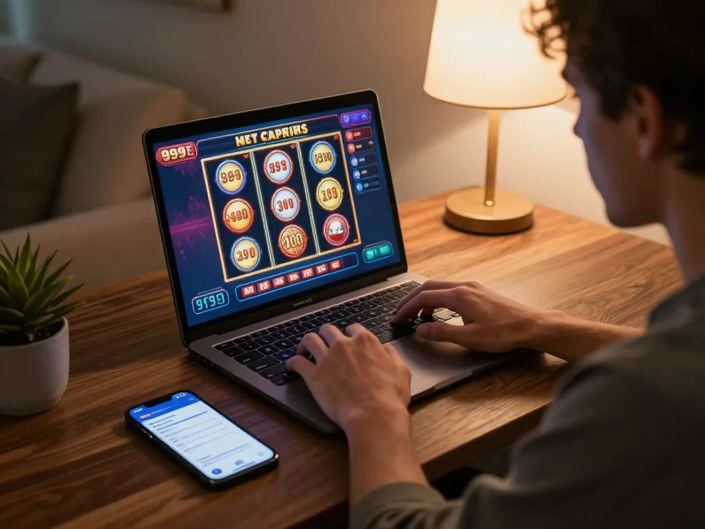 Engaging in 999E online gaming with laptop and bankroll notes in cozy home setting