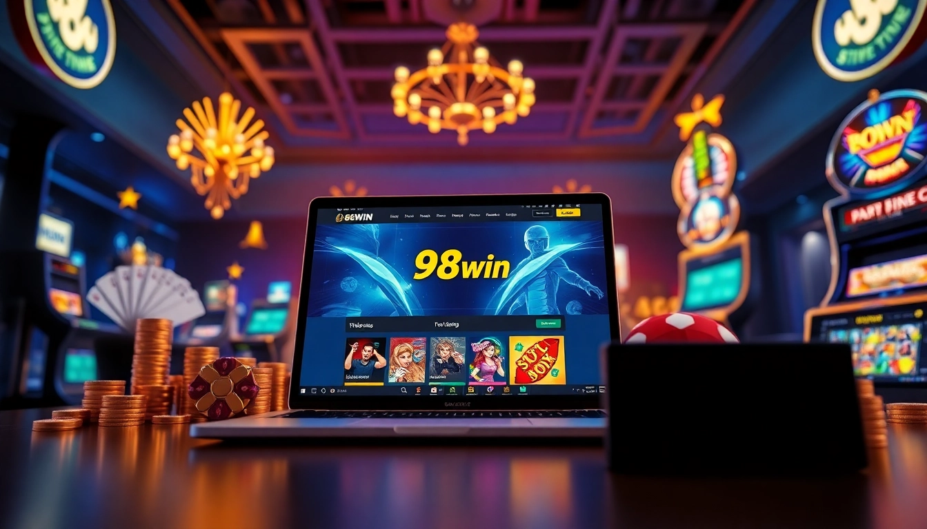 Experience the excitement of 98win online gambling platform with a sleek gaming interface and vibrant game elements.