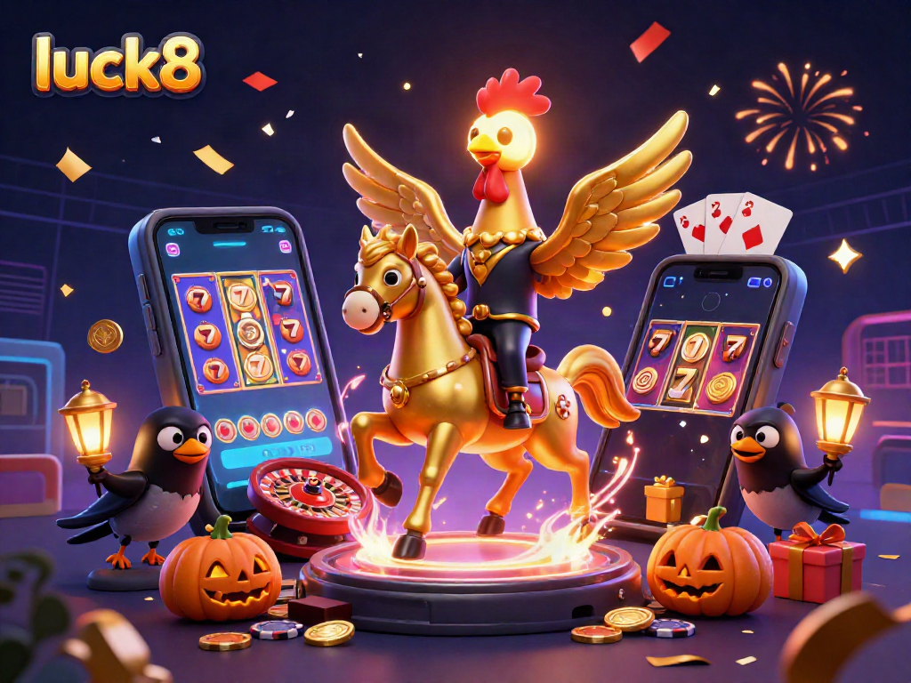 Experience lively casino adventures with luck8 in this vibrant 3D scene bursting with games and excitement.