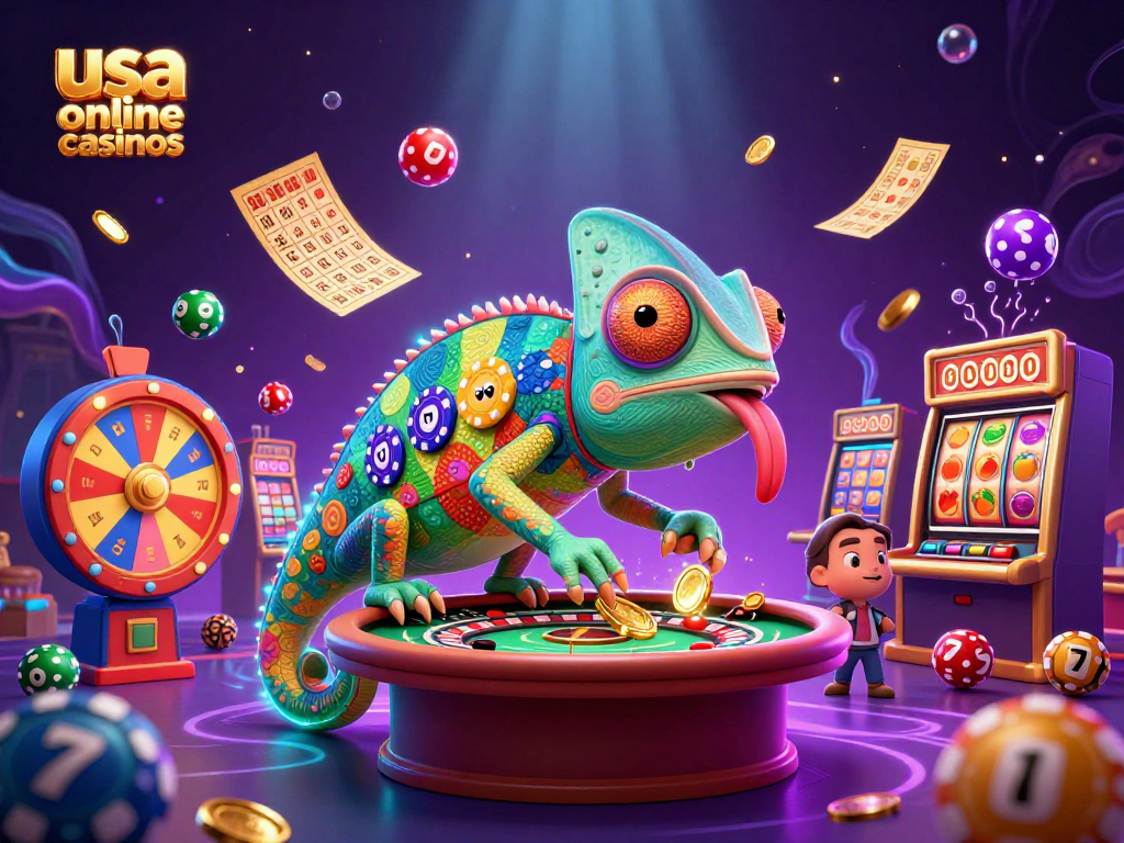Engaging scene of usa online casinos with a chameleon theme capturing excitement and colorful game elements.