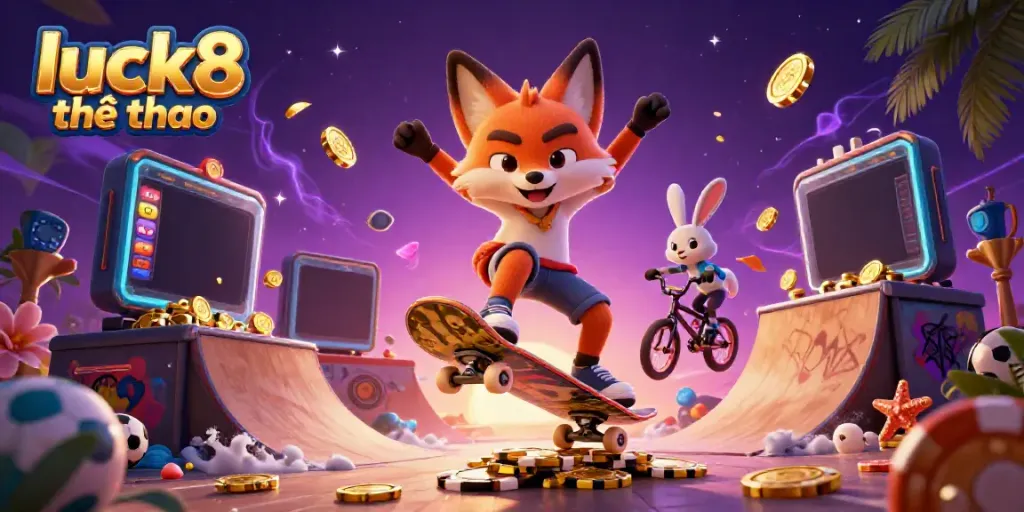 Engaging luck8 thể thao scene featuring a skateboarder fox and BMX rabbit in a dynamic sports betting atmosphere.