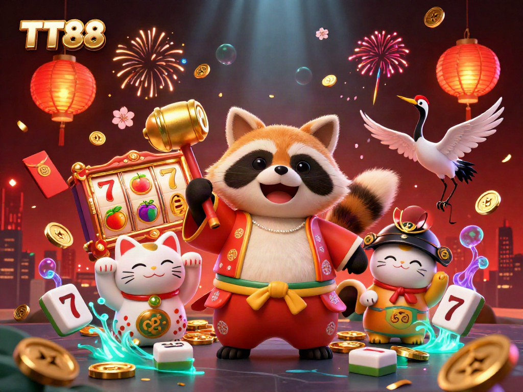 Experience thrilling gameplay with TT88 at a vibrant, festive casino scene featuring lucky symbols.