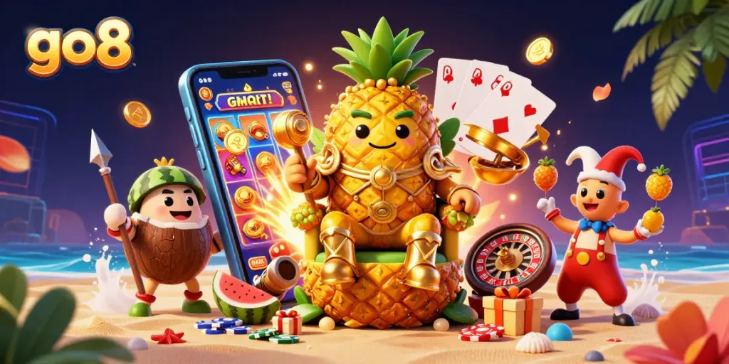 Spin and win at go8's tropical casino with vibrant characters and exciting game elements!