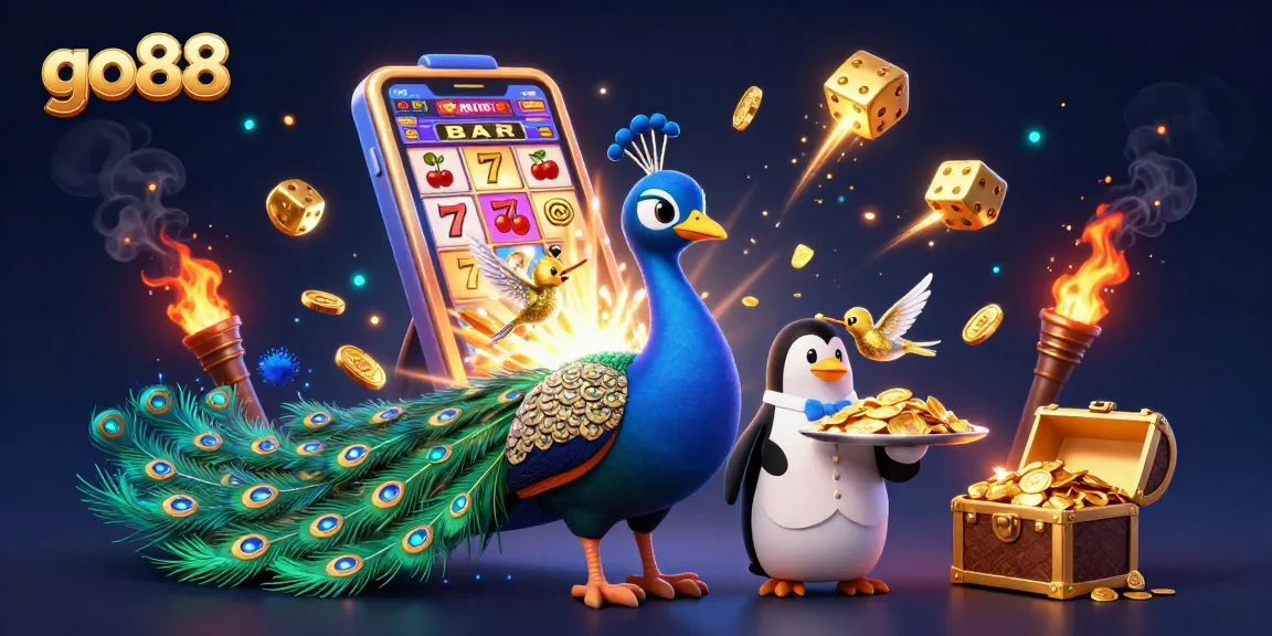 Experience thrilling gameplay at go88, featuring a vibrant 3D casino scene with an aristocratic peacock.