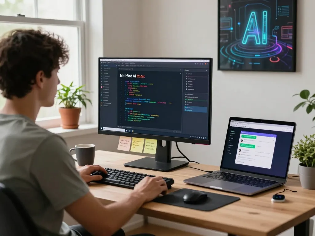 MoltBot AI enhancing productivity in a developer's home office with chat applications and inspirational decor.