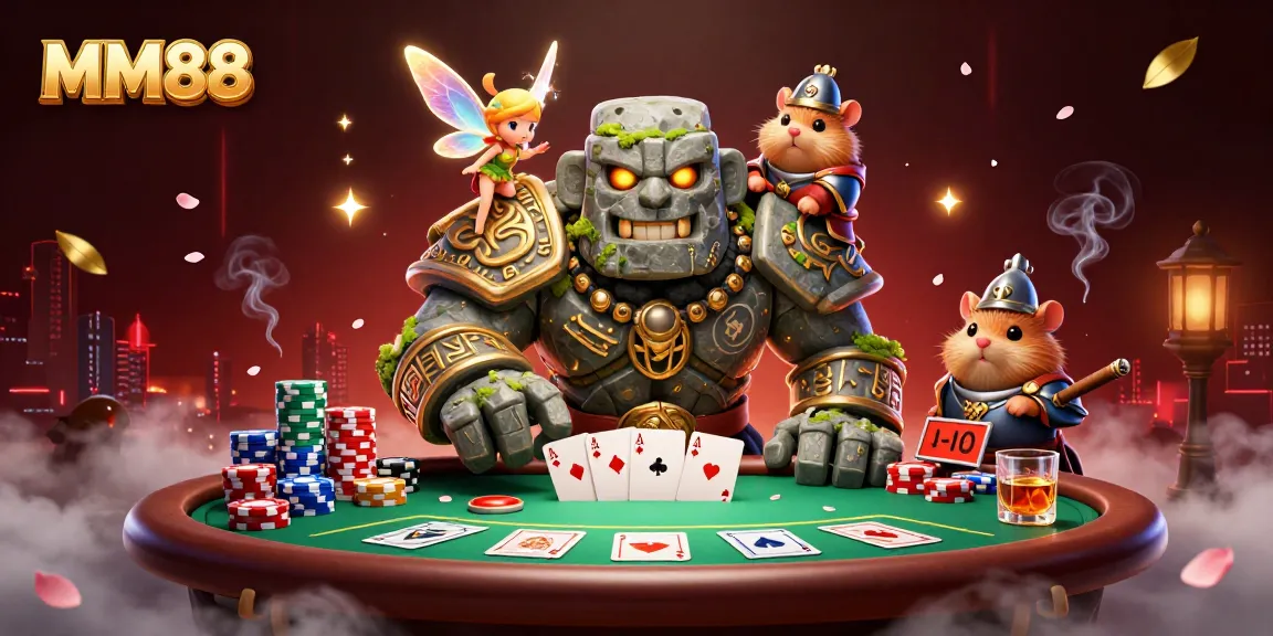 Experience the magic of MM88 with a vibrant 3D casino illustration featuring intriguing characters and poker elements.