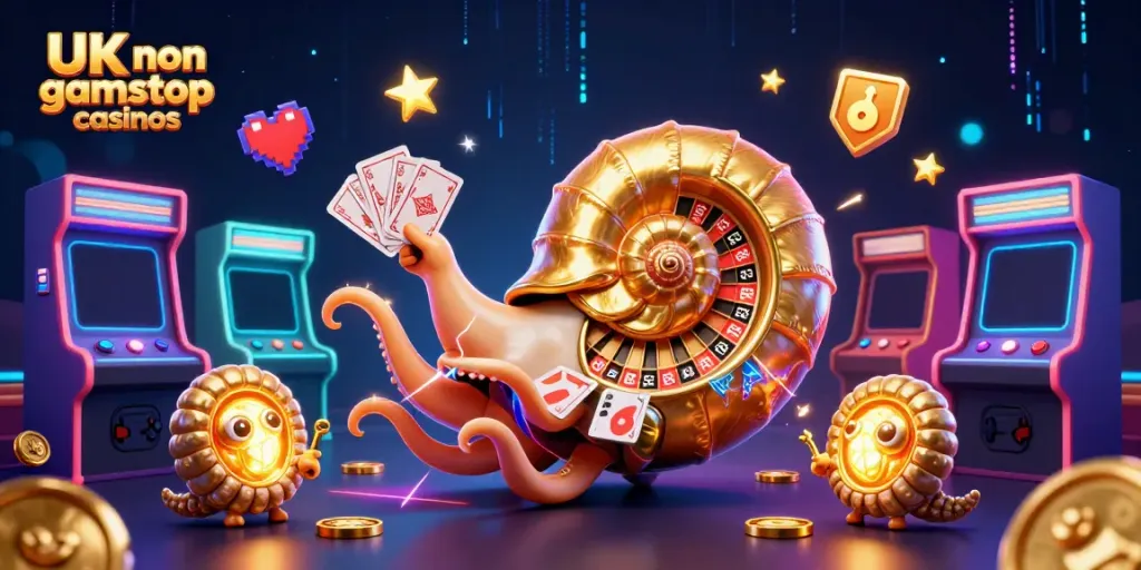 Engaging 3D illustration of UK non gamstop casinos, showcasing multiple gaming elements with unique characters.
