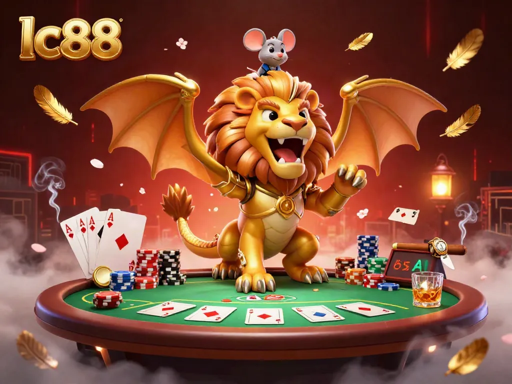 Experience the excitement of lc88 with a dynamic poker scene featuring a golden chimera and a brave mouse jockey.