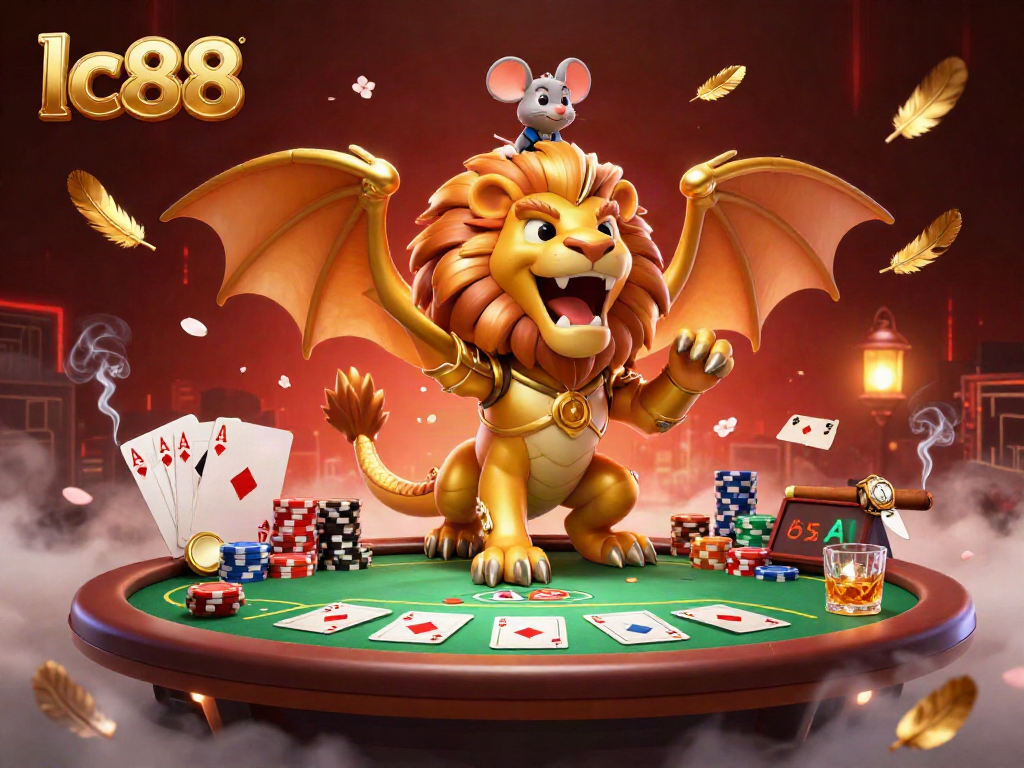 Experience the excitement of lc88 with a dynamic poker scene featuring a golden chimera and a brave mouse jockey.