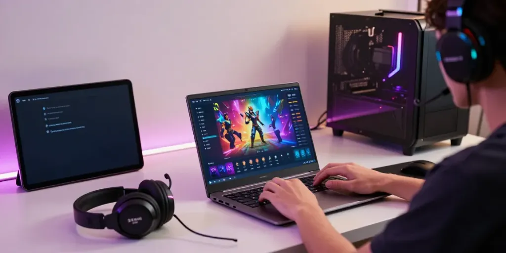 Engaging gaming scene with player at laptop, showcasing rút tiền 78win interface amidst vibrant LED lighting.