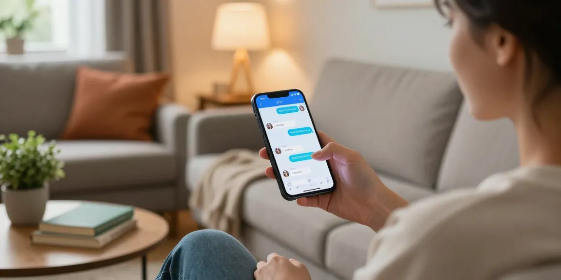 User enjoying free ai sex chat on smartphone in a cozy living room setting with warm lighting.