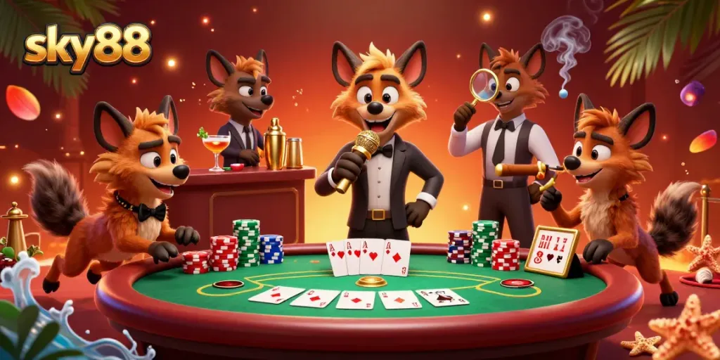 Hyenas entertain at sky88's vibrant casino scene, showing vibrant poker elements and fun energy.