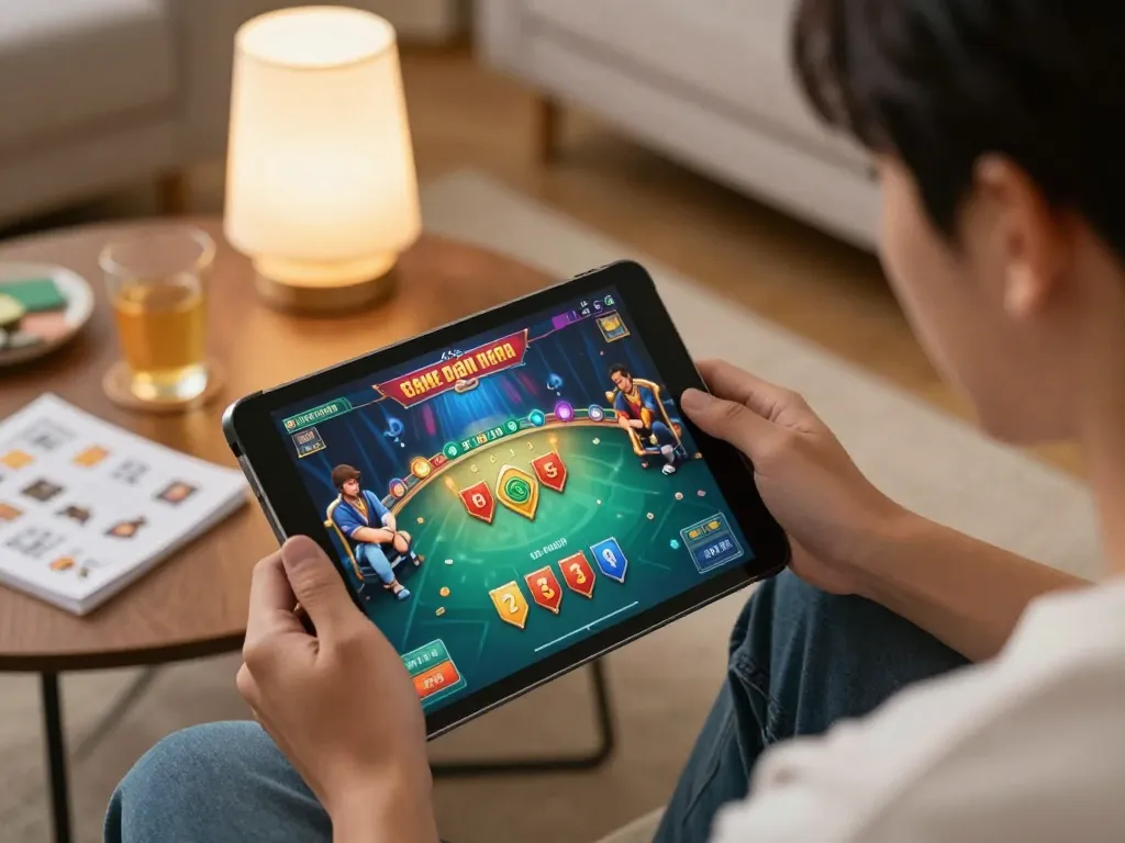 Engaging online Game đánh bài đổi thưởng session demonstrating strategy in a cozy living environment.