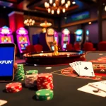 Engaging casino scene with OKFUN branding, featuring poker chips, roulette wheel, and slot machines.