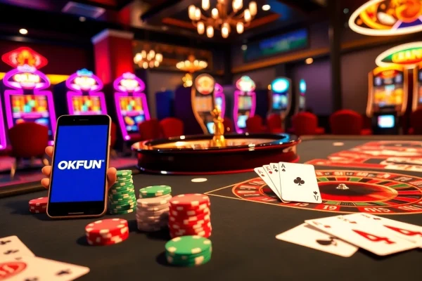 Engaging casino scene with OKFUN branding, featuring poker chips, roulette wheel, and slot machines.