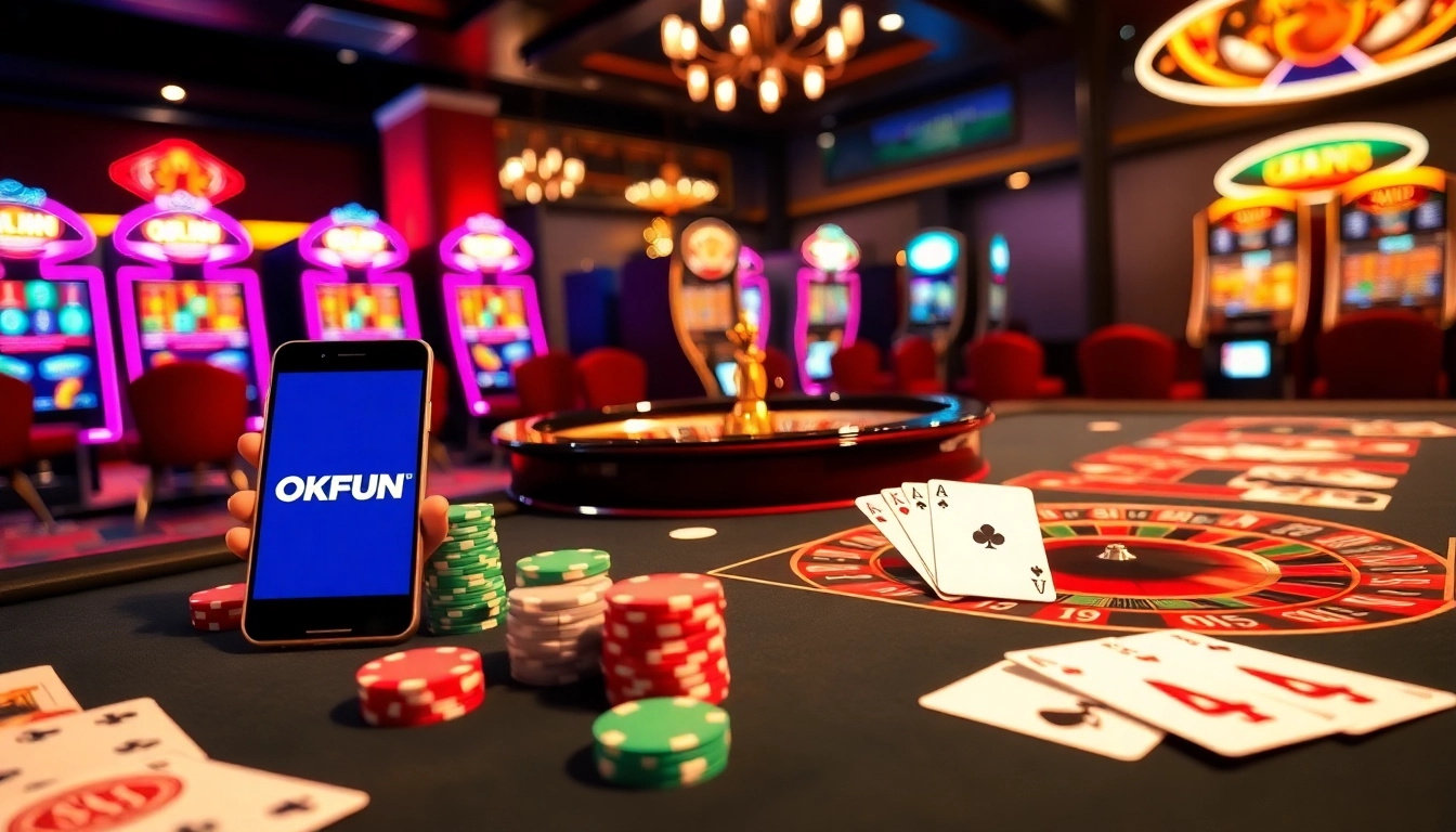 Engaging casino scene with OKFUN branding, featuring poker chips, roulette wheel, and slot machines.