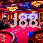 Experience high-stakes gambling action at j88 casino with vibrant tables, excited players, and professional dealers.